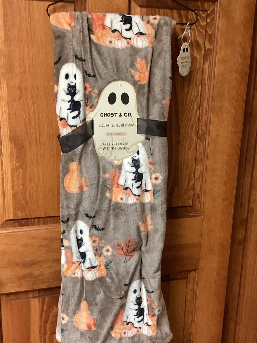 NWT Ghost Holding a Cat Halloween Blanket